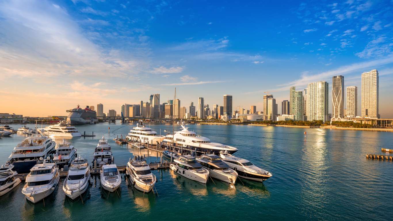 photo of the skyline of Miami, FL with marina